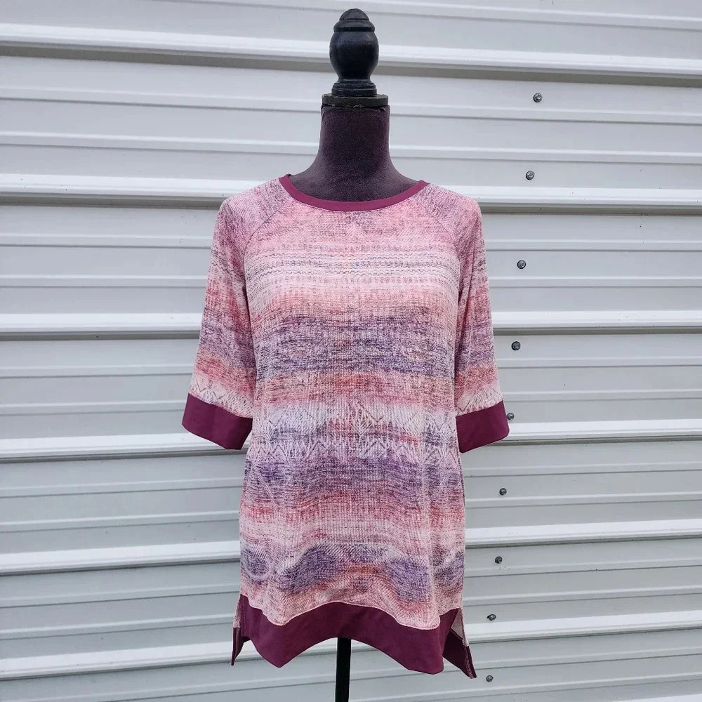 One World Pink Burgundy 3/4 Sleeve Boho Tunic Top Knit Stretch Sz M